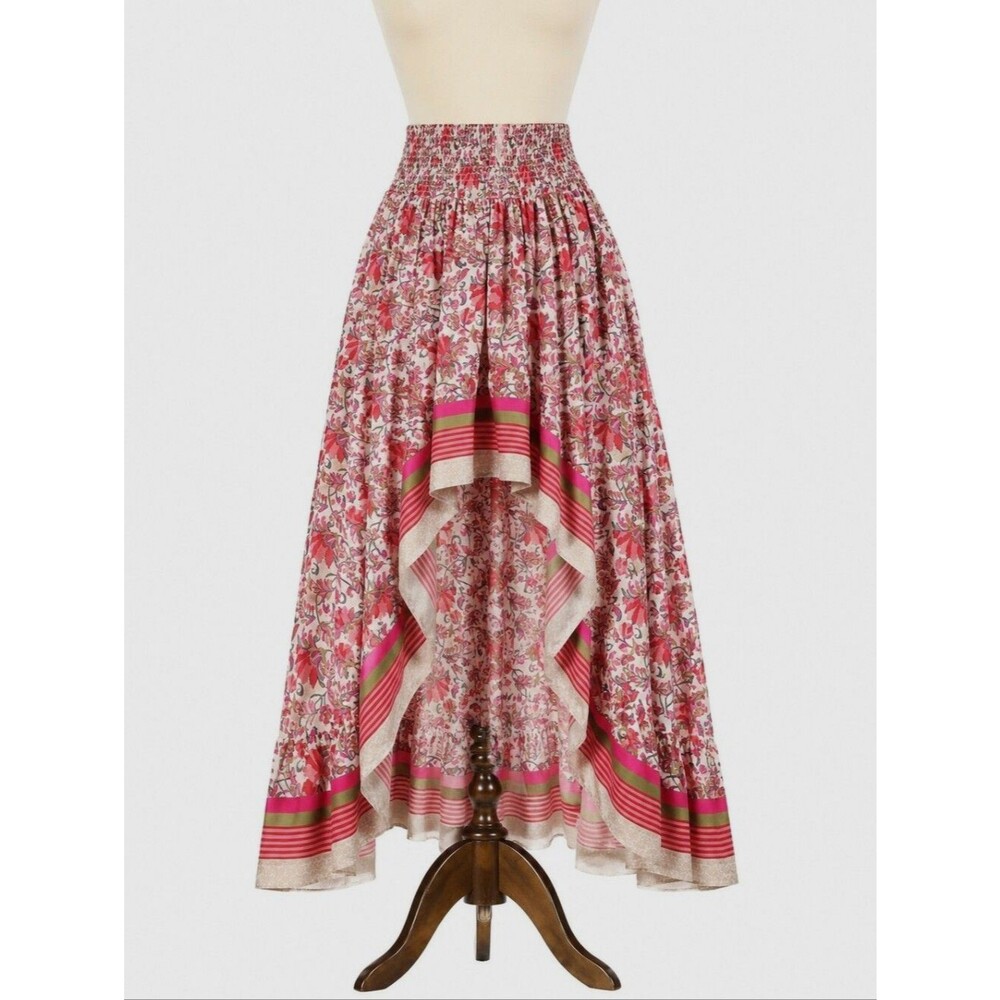 Boho Pink Green Floral High Low Smocked Waist Handkerchief Hem Chic Maxi Skirt
